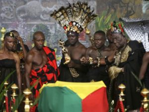 Ghanaian chiefs pay their respects at the coffin of former U.N. Secretary-General Kofi Annan